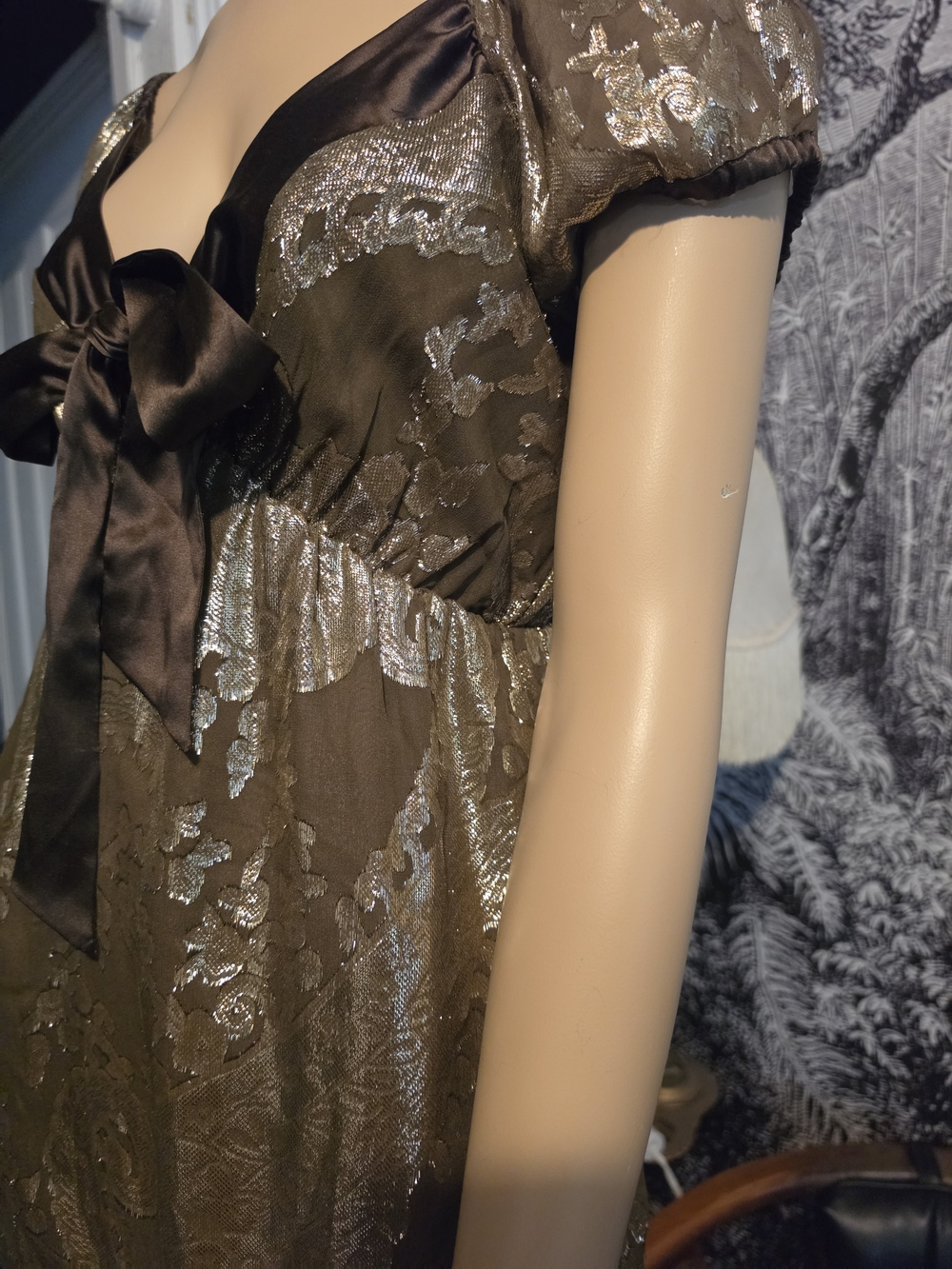 NWT Hale Bob Metallic Gold Olive Floral Babydoll Bow Top M - Picture 3 of 7